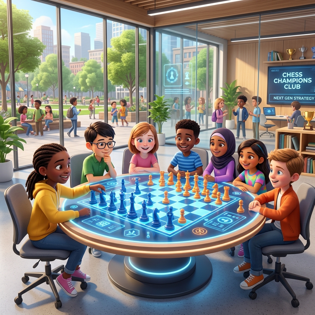 Kids playing chess in a modern club